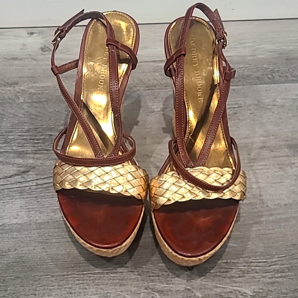 303. Gold & Brown  Leather Wedges